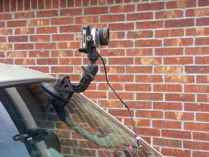 video camera mounted to a car windshield